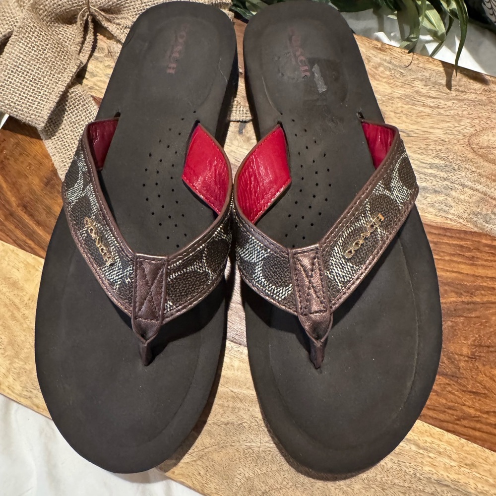 Coach Brown and Red Sandals with Contoured Footbed
